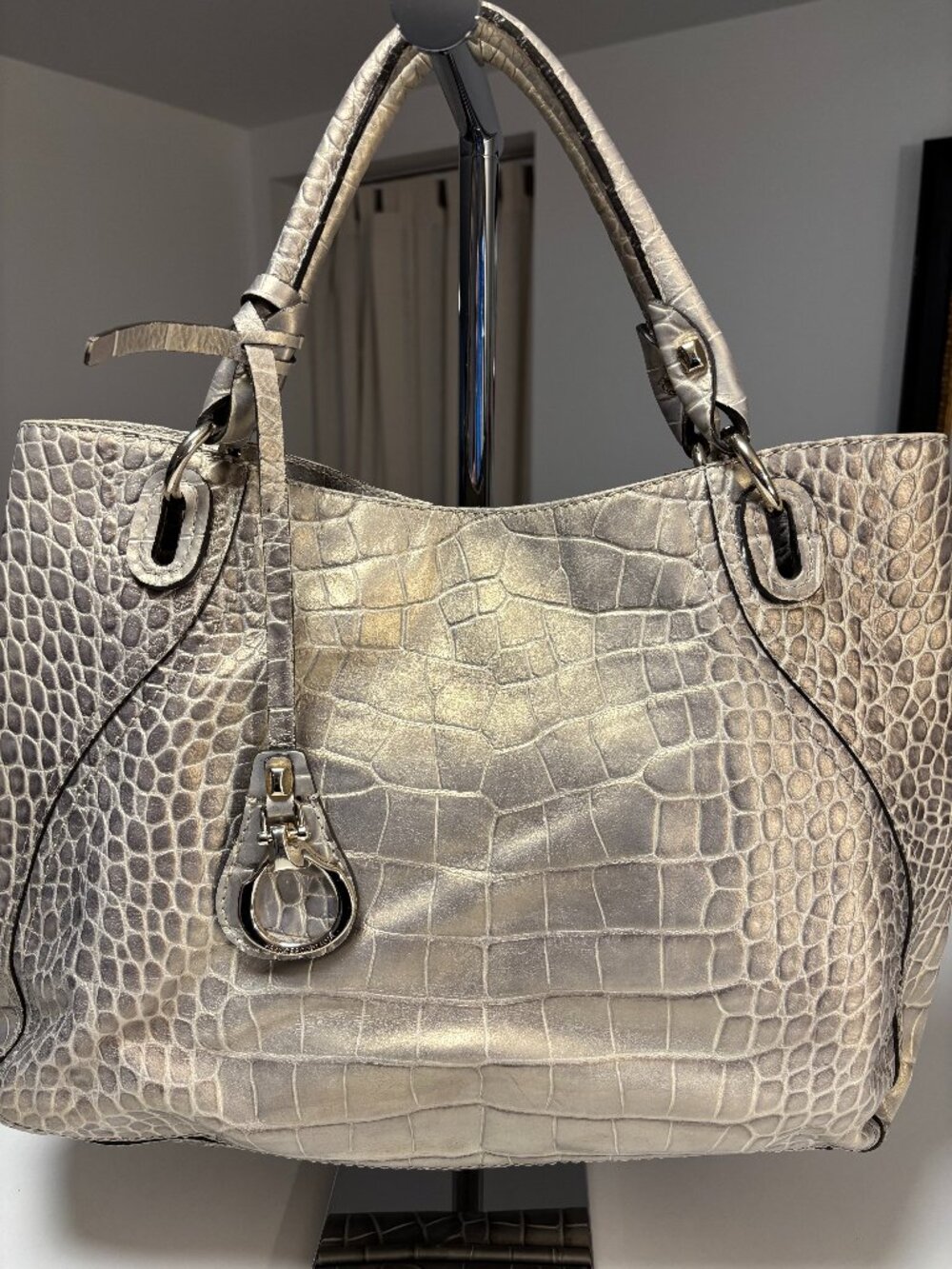 Francesco Biasia Italian Leather Croc Embossed Roomy Tote — Champagne Gray Gold
